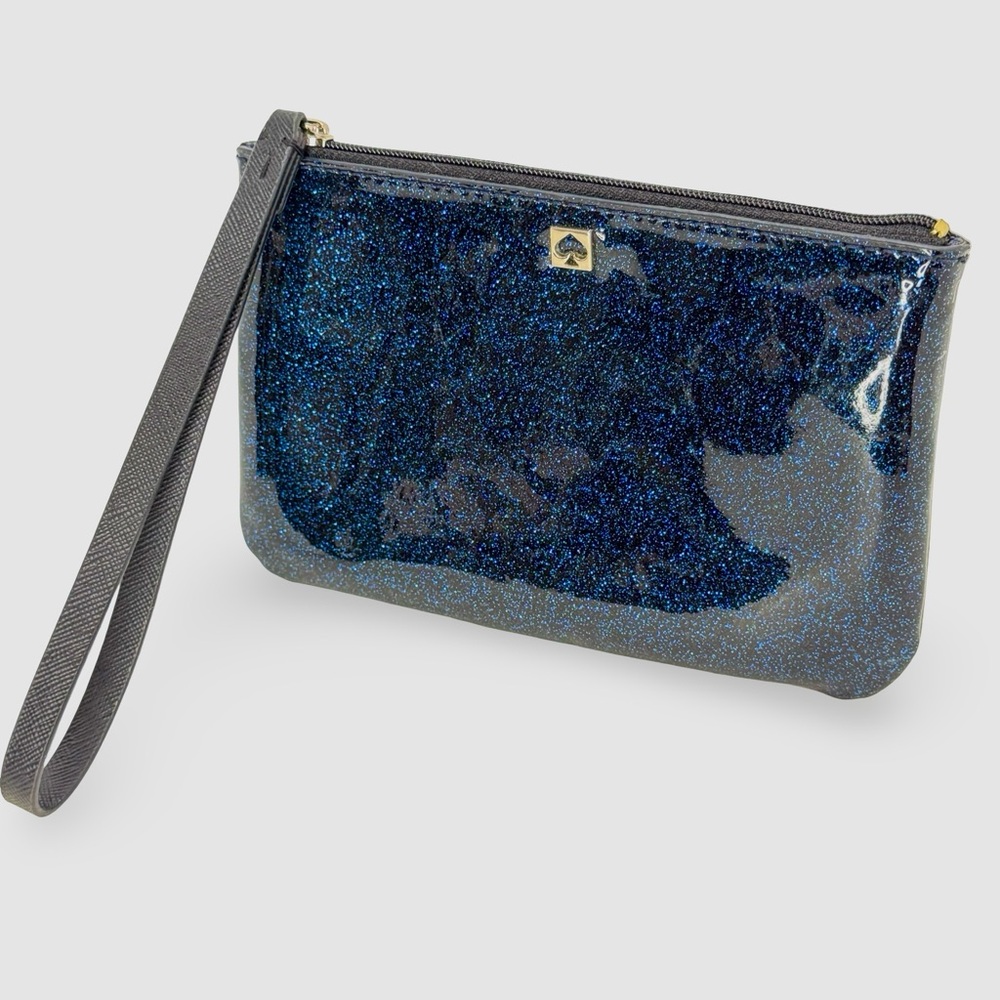 Kate Spade Blue Glitter Patent Wristlet Pouch Cosmic Sparkle Clutch